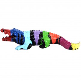 Statue en résine crocodile multicolore trash fond noir - 27 cm