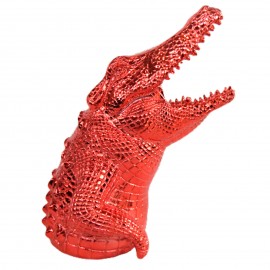 Statue tête de crocodile en résine rouge chromée 18 cm
