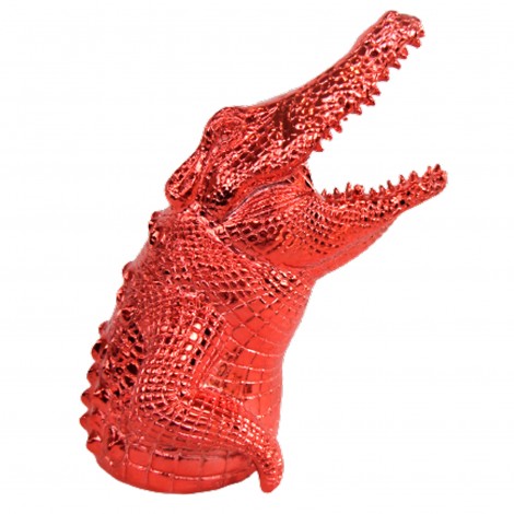 Statue tête de crocodile en résine rouge chromée 18 cm