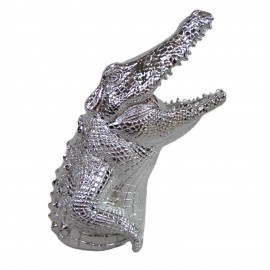 Statue tête de crocodile en résine argentée chromée 18 cm