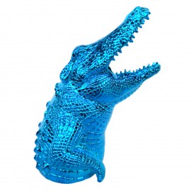 Statue tête de crocodile en résine bleu chromée 18 cm