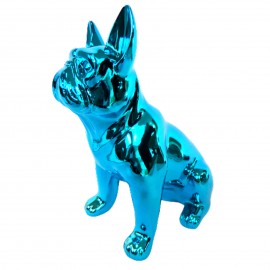 Statue chien bouledogue Français assis bleu chromé en résine 18 cm