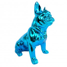 Statue chien bouledogue Français assis bleu chromé en résine qui tire la langue 18.5 cm