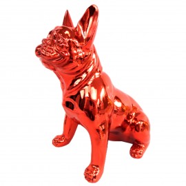 Statue chien bouledogue Français assis rouge chromé en résine qui tire la langue 18.5 cm