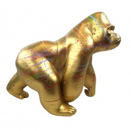 Statue en résine singe gorille multicolore fond doré - 50 cm