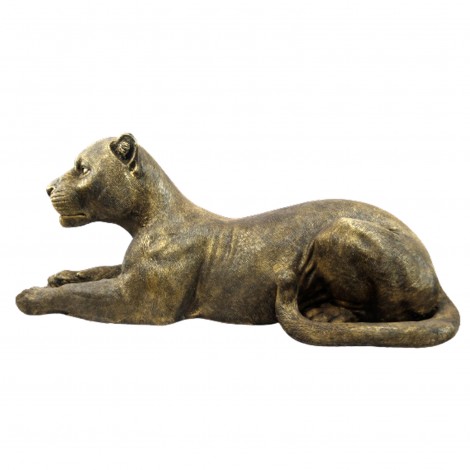 Statue lionne couchée en résine dorée antique 110 cm