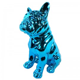 Statue en résine bouledogue Français assis chromé bleu - 31 cm