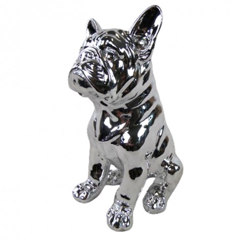 Statue en résine bouledogue Français assis chromé argent - 31 cm