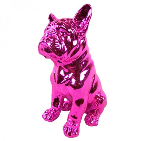 Statue en résine bouledogue Français assis fuchsia - 31 cm