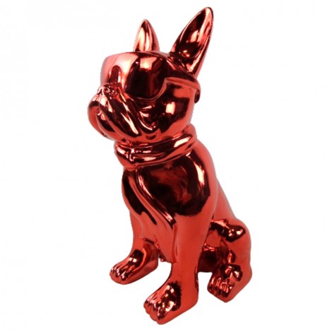 Statue chien bouledogue Français à lunette en résine chromée rouge 37 cm