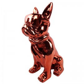 Statue chien bouledogue Français à lunette en résine chromée cognac 37 cm