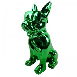 Statue chien bouledogue Français à lunette en résine chromée vert 37 cm