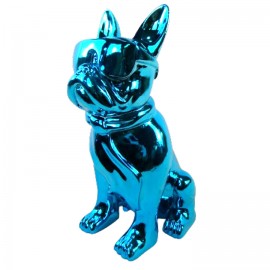 Statue chien bouledogue Français à lunette en résine bleu vert 37 cm