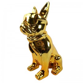 Statue chien bouledogue Français à lunette en résine chromée dorée 37 cm