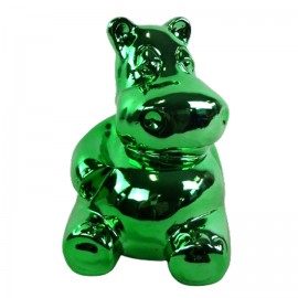 Statue hippopotame assis en résine chromée vert 24 cm