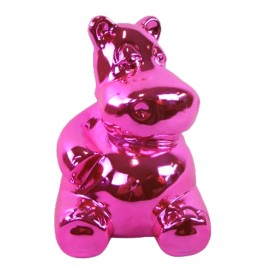 Statue hippopotame assis en résine chromée fuchsia 24 cm