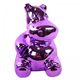 Statue hippopotame assis en résine chromée violet 24 cm