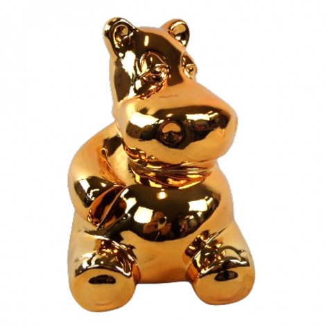 Statue hippopotame assis en résine chromée champagne 24 cm