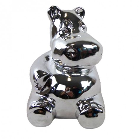 Statue hippopotame assis en résine chromée argent 24 cm