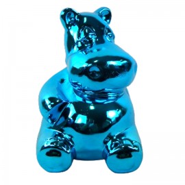 Statue hippopotame assis en résine chromée bleu 24 cm