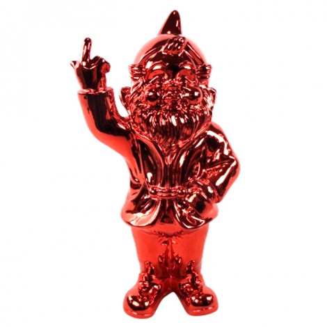 Statue en résine NAIN de jardin doigt d'honneur rouge chromé - 35 cm