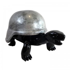 Statue tortue casquée en résine noire et acier 35 cm