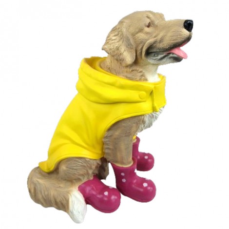 Statue chien labrador assis en habit de pluie et botte fuchsia - 50 cm