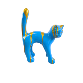 Statue chat en résine bleu et or 45 cm – déco moderne originale