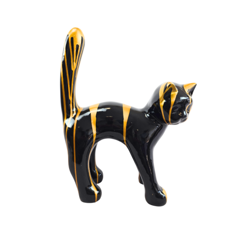 Statue chat en résine noir et or 45 cm – déco féline chic