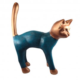 Statue Chat XXL 105 cm Bleu Canard Cuivre Antique - Résine Décorative