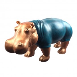 Statue Hippopotame XXL 100 cm Bleu Turquoise Cuivre Antique - Résine