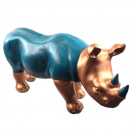Statue Rhinocéros XXL 90 cm Bleu Turquoise Cuivre Antique - Résine