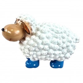 Statue Mouton Résine Blanc Tête Beige Bottes Bleues Pois 23 cm