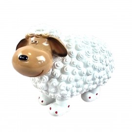 Statue Mouton Résine Blanc Tête Beige Pattes Pois Rouges 23 cm