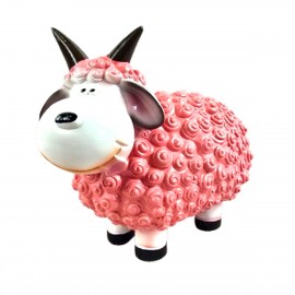 Statue Mouton Résine Rose Tête Blanche Cornes Noires Droites 23 cm