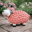 Statue Mouton Résine Rose Tête Blanche Cornes Noires Droites 23 cm - 8