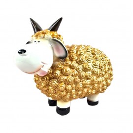 Statue Mouton Résine Doré Tête Blanche Cornes Noires Droites 23 cm