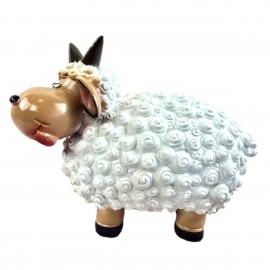 Statue Mouton Résine Blanc Tête Beige Pattes Beiges Cornes Droites 23 cm