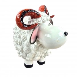 Statue Mouton Résine Blanc Cornes Spiralées Rouges Noires 23 cm