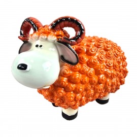 Statue Mouton Résine Orange Tête Blanche Cornes Spiralées Rayées 23 cm