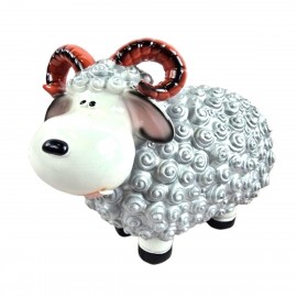 Statue Mouton Résine Argenté Tête Blanche Cornes Spiralées 23 cm