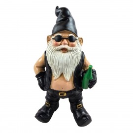 Nain de jardin biker résine torse nu bouteille bière 32 cm