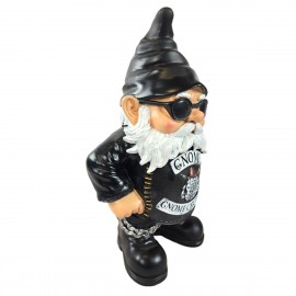 Statue nain de jardin biker XXL en résine noire avec lunettes 70 cm