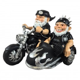 Statue duo nains bikers moto side-car en résine 40 cm