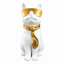 Statue chat blanc avec lunettes dorées et cravate en résine 60 cm