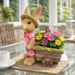 Statue lapin jardinière en résine rose et beige 45 cm avec brouette - 6