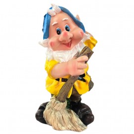 Statue nain de jardin au balai résine 38 cm chapeau bleu