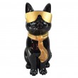 Statue chat r&eacute;sine noir lunettes &eacute;charpe dor&eacute;es assis 40 cm