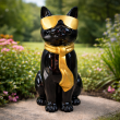 Statue chat résine noir lunettes écharpe dorées assis 40 cm - 6