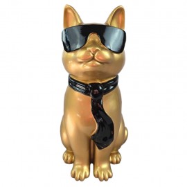 Statue chat résine doré lunettes écharpe noires assis 40 cm